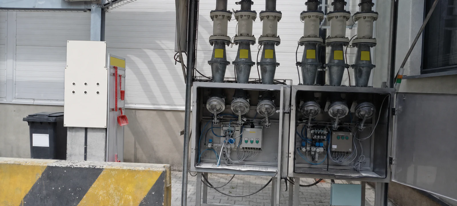 Bulk transfer connections feeding an industrial dust storage system.